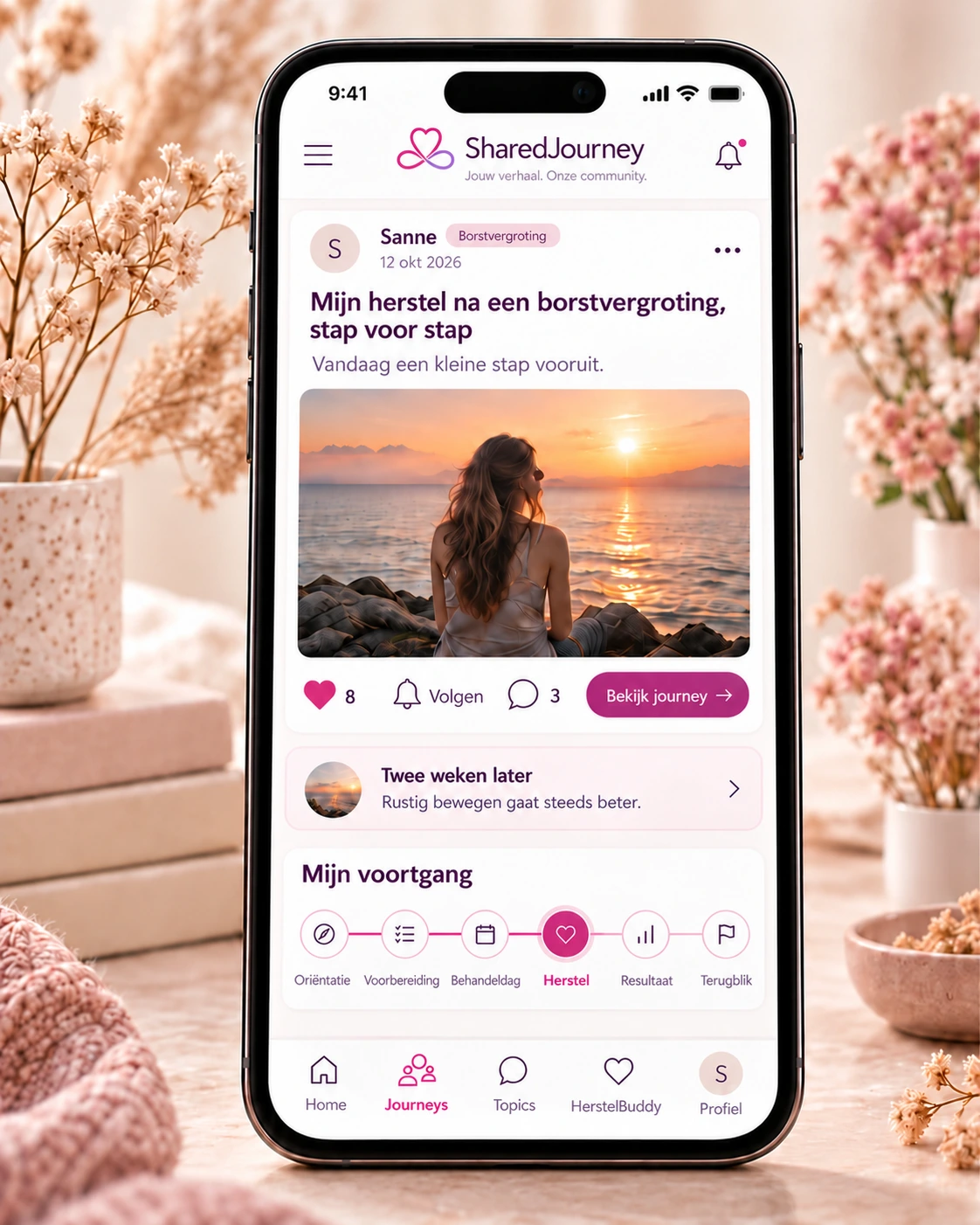 Sanne toont een fictieve journey over haar herstel na een borstvergroting, stap voor stap